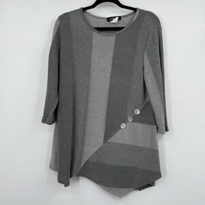 Yushi Tunic Top Womens Medium Gray 3/4 Sleeve Button USA Artsy Stripe Shirt